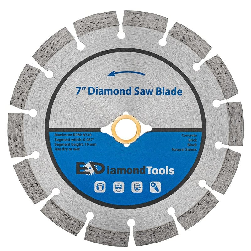 EDiamondTools 7" Segmented Diamond Saw Blade for Concrete, Brick, Block and Masonry, 10mm Segment Height, 7/8" Bushing w/Diamond Arbor - Image 1